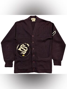 SPALDING 1950s WOOL CARDIGAN PURPLE SMALL CAPTAIN LETTERMAN S.C. MONOGRAM PATCH